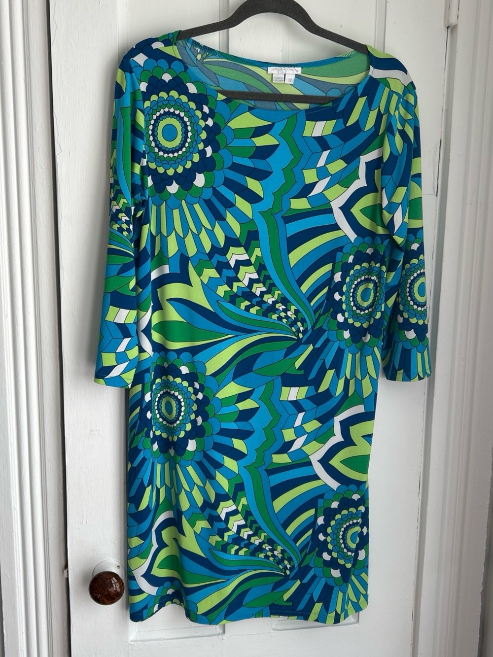 London Times Teal and Lime Graphic Shift Dress